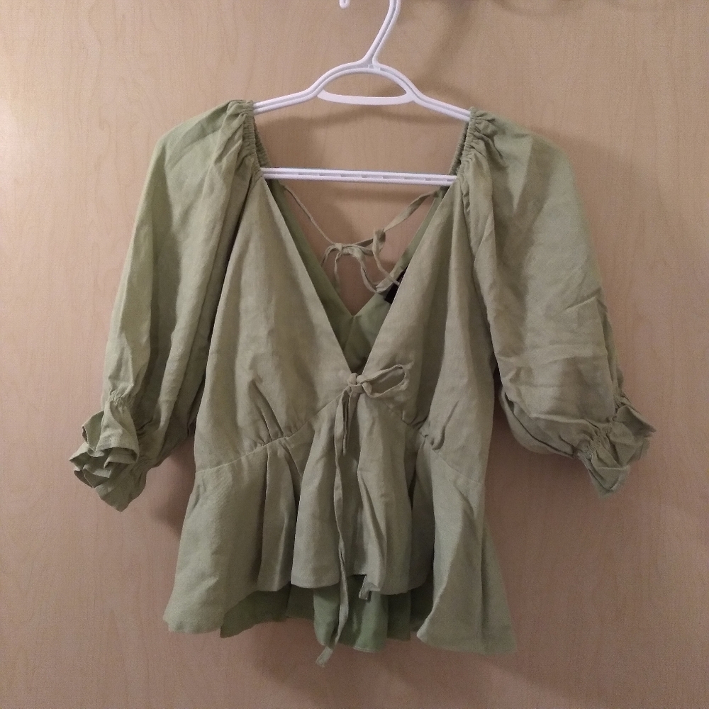 NWT 7 For All Mankind Green Linen Blend Peplum Top (M)
